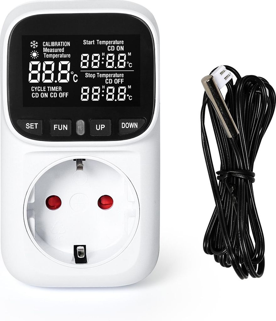 EU Timer-Steckdose mit Digitalem Thermostat und Zeitschaltuhr, Temperaturregler Steckdose mit Sensorsonde und Schutzklappe