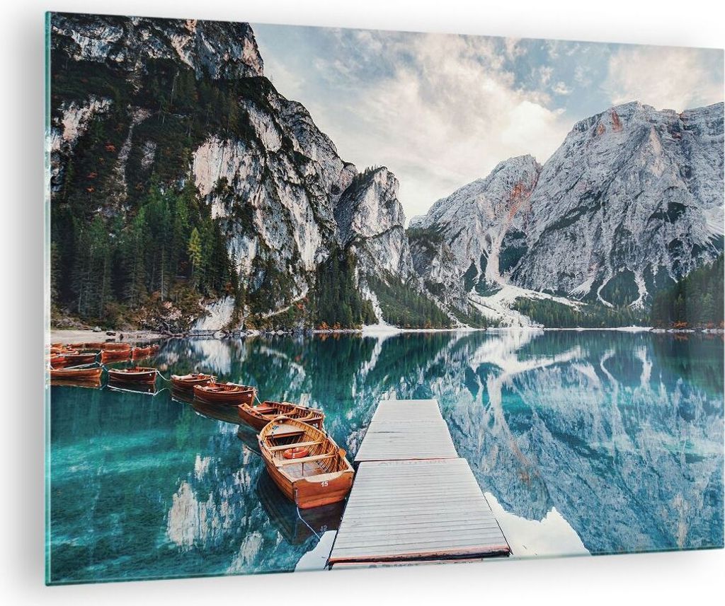 Bilder auf glas - Einteilig - Boote Berge Hafen - 70x50cm - Glasbilder - Wandbilder - Bilder - zum Aufhängen bereit - Wanddekoration aus Glas - Gl...