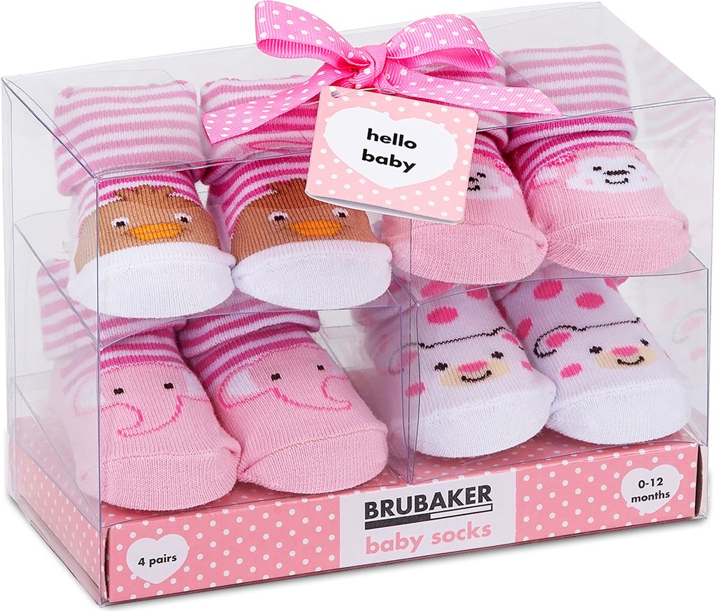 BRUBAKER 4 Paar Babysocken Mädchen 0-12 Monate - Tiere - in Geschenkverpackung