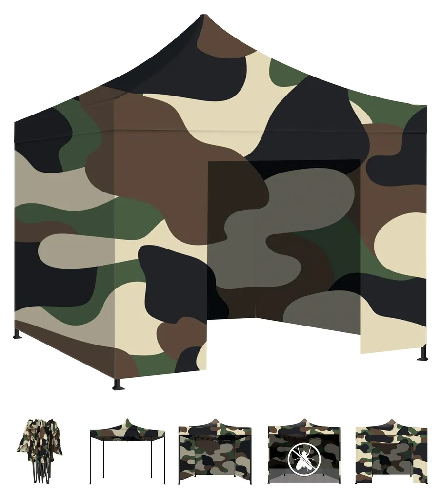 Gazebo pliable 3x3 anti-insectes avec moustiquaire et parois camouflage Taman