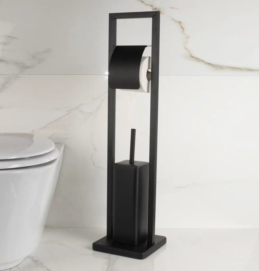 Serviteur de WC noir 2-en-1 avec porte-rouleau et brosse intégrée