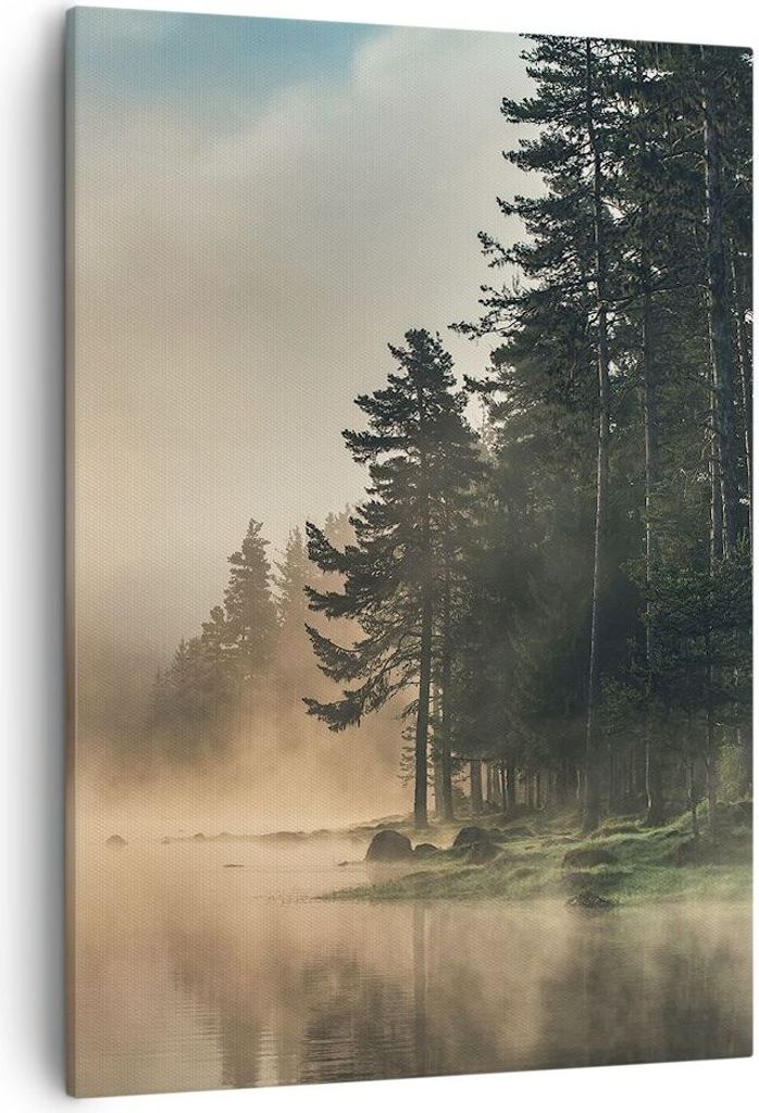 Bild auf Leinwand - Leinwandbild - Einteilig - Nebel See Wald - 50x70cm - Wand Bild - Wanddeko - Wandbilder - Leinwanddruck - Kunstdruck - Wanddeko...