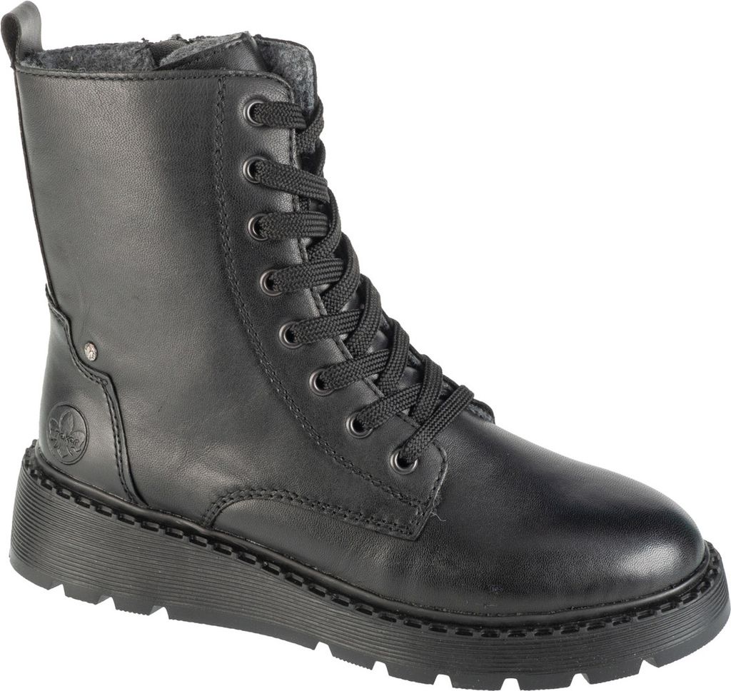 A black leather boot with laces on a white background.