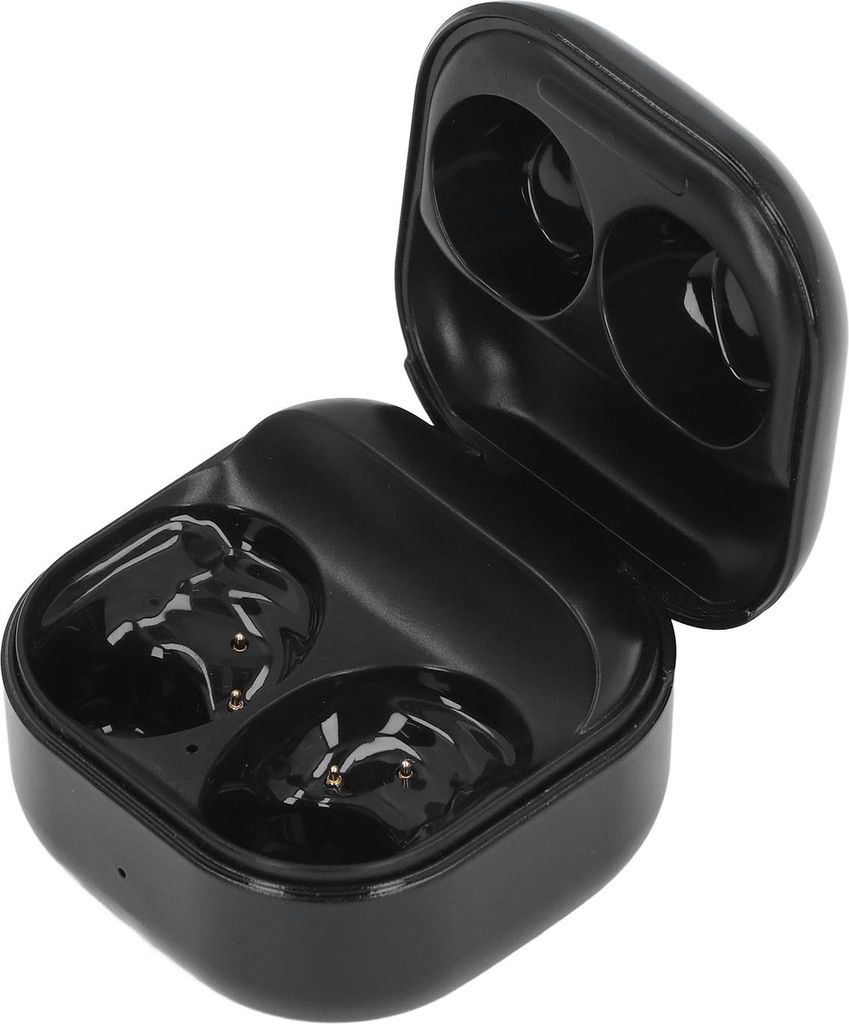 A black charging case for wireless earbuds, shown open against a white background.