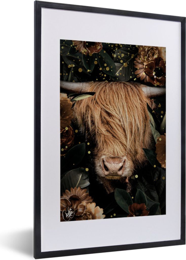 MuchoWow MuchoWow Gerahmtes Poster Schottisches Hochlandrind - Tiere - Blumen 40x60 cm - Poster mit zchwarzem Bilderrahmen - Poster in Rahmen