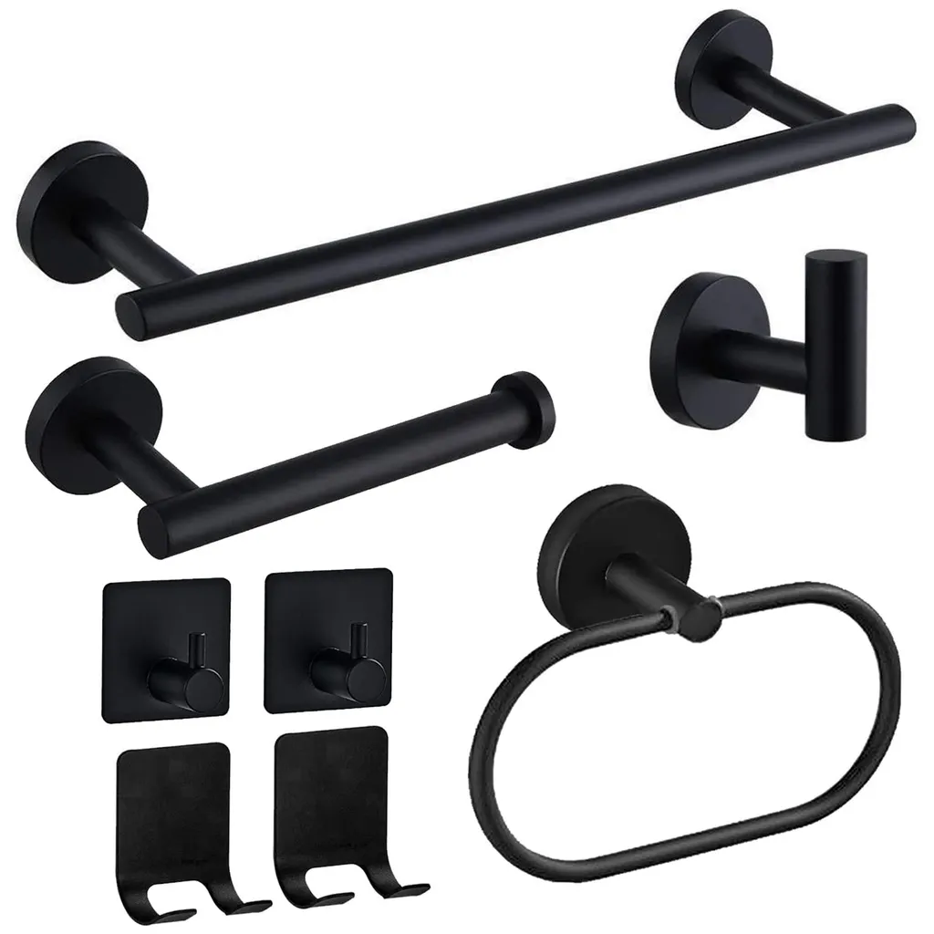 Rangement salle de bain noir mat : pack 8 accessoires inox anti-rouille