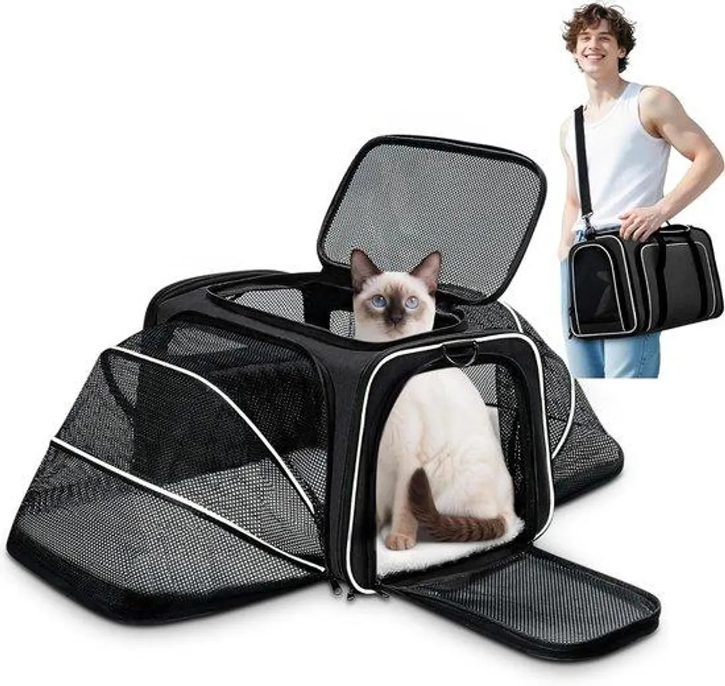 Sac de transport chien anti-stress noir respirant avec intérieur lavable
