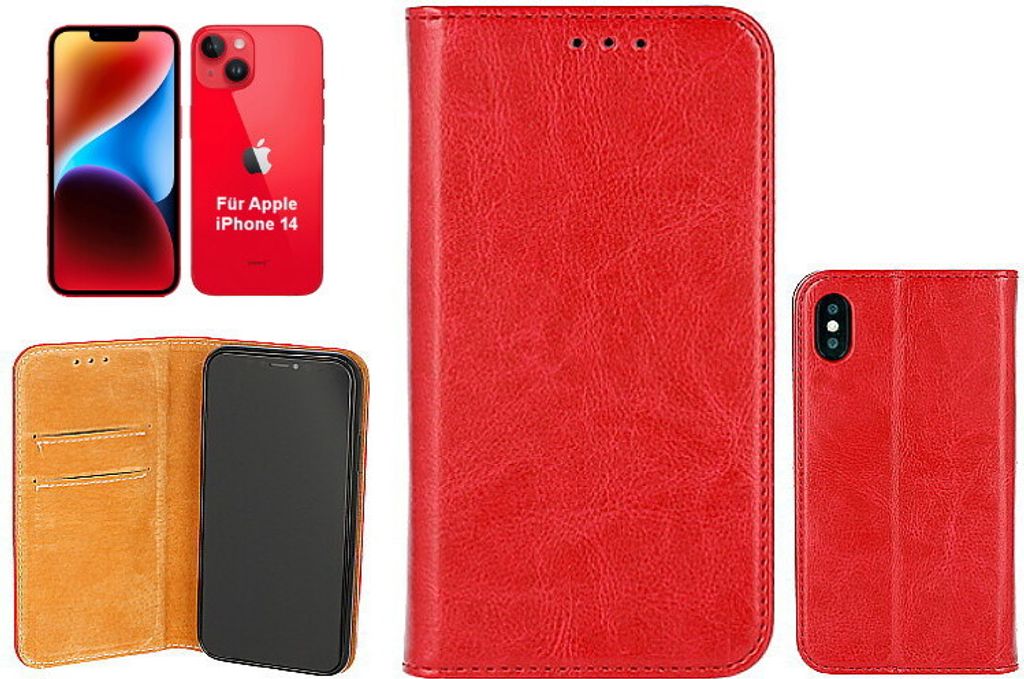 OLLI BookCase - für Apple iPhone 14 – REAL LEATHER red, aus handgefertigtem, rotem Echtleder
