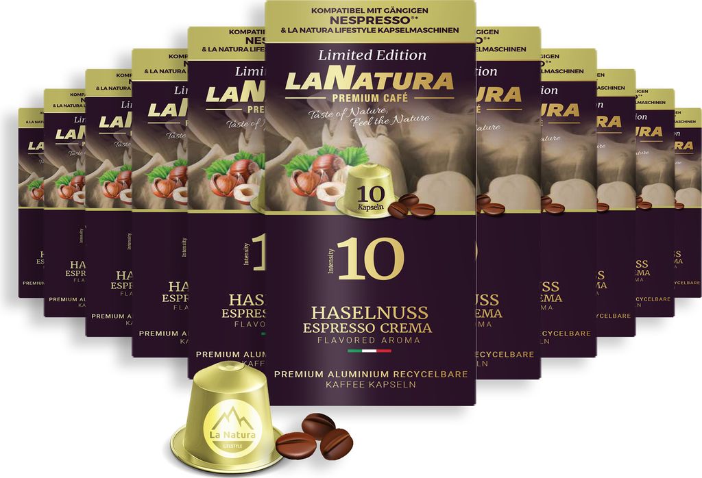Haselnuss Espresso Crema Premium Kaffee - 110 Kaffeekapseln | La Natura Lifestyle Organic 616g| biobasiert | Nespresso *³ kompatible