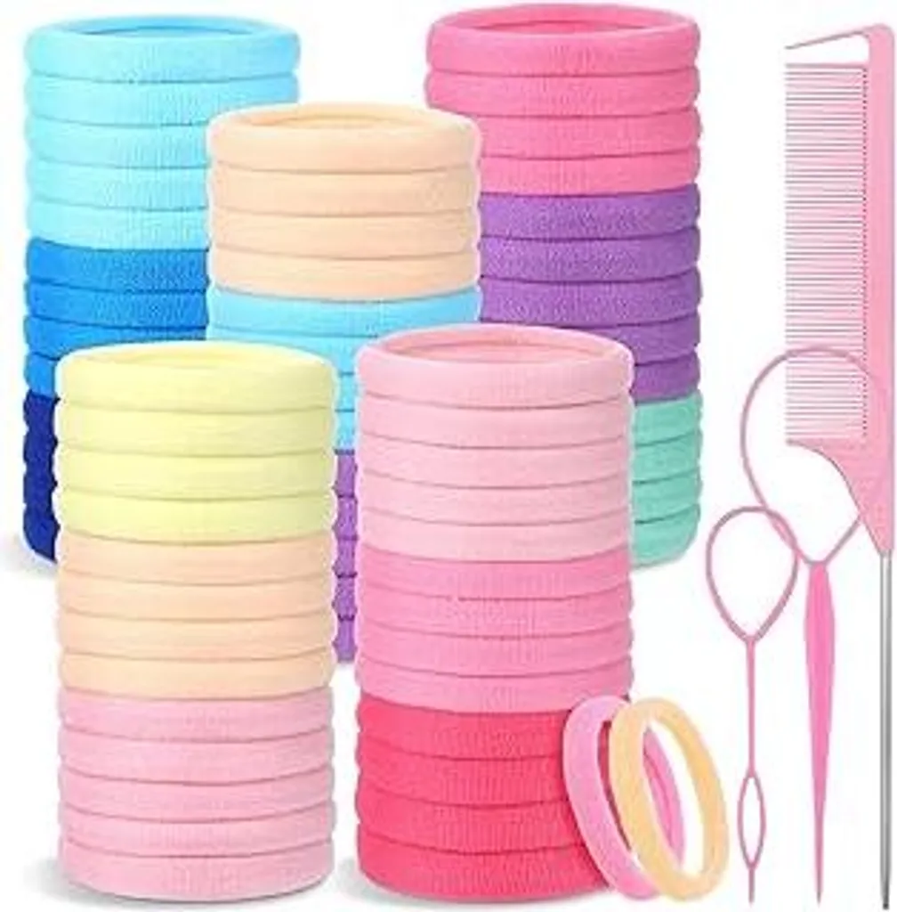 100 elastici per capelli da bambina, elastici colorati senza cuciture da 4,3 cm con pettine a manico per bambine e donne