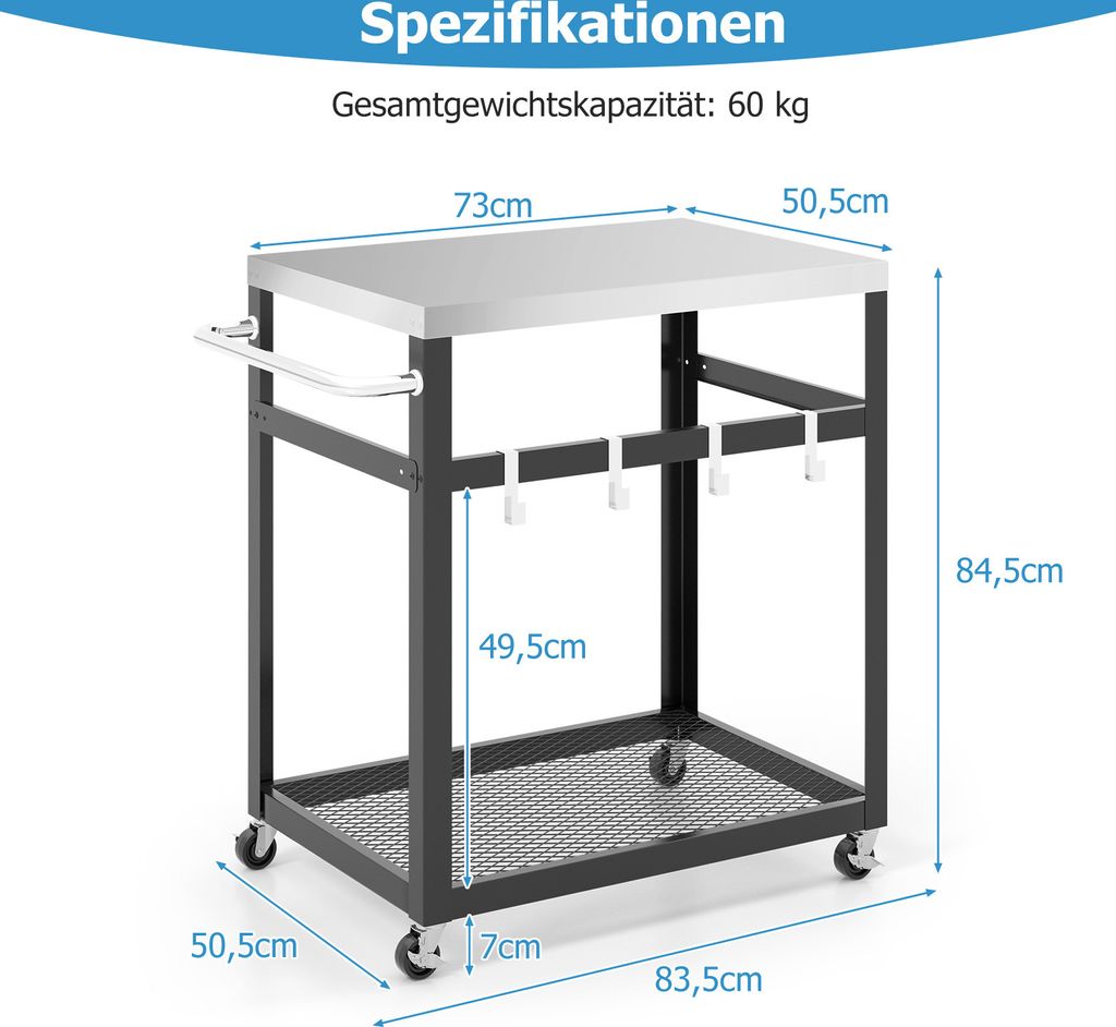 COSTWAY Dvoupatrový grilovací vozík s kolečky, rukojetí a 4 Obrázek produktu 3