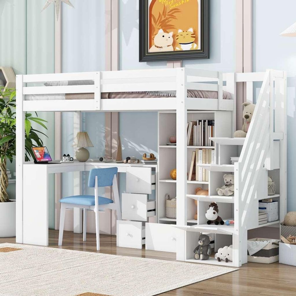 Hochbett mit Schreibtisch, Schubladen und Regal, Produktbild 