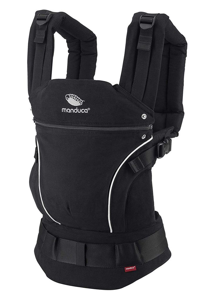 A black baby carrier is shown against a white background.