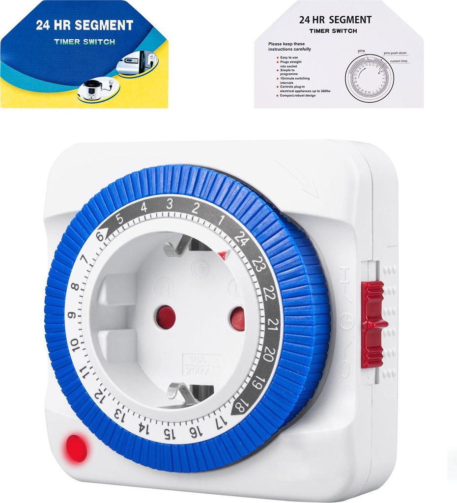 24 Stunden mechanische Zeitschaltuhr Steckdose mit 96 Schaltsegmenten, programmierbarer Timer Schalter, 3600W maximale Leistung, EU Stecker