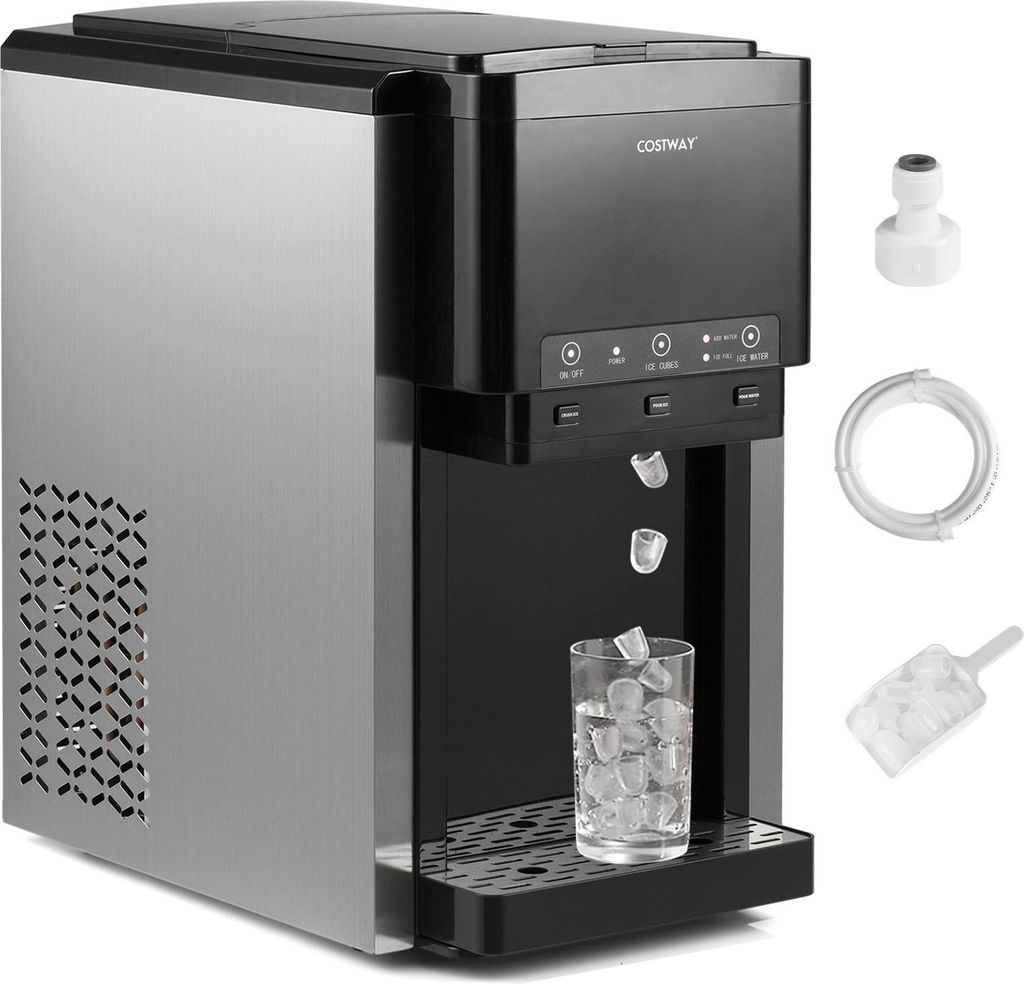 COSTWAY 3 in 1 Wasserspender mit Eiswürfelmaschine, Eiswürfelbereiter mit zerstoßenem Eis, 12 Eiswürfel in 9 Min, Eisbereiter 20 kg/Tag