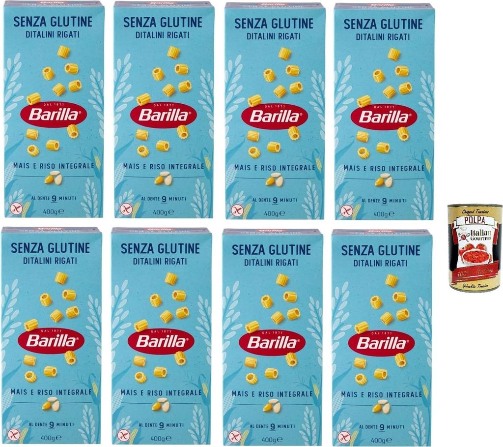 Barilla Pasta Ditalini Rigati Senza Glutine,Glutenfreie Nudeln aus weißem Mais, gelbem Mais und braunem Reis 8x 400g + Italian Gourmet polpa 400g