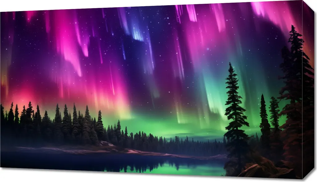 Quadro 70x40 cm Aurora boreale sopra la foresta - 1
