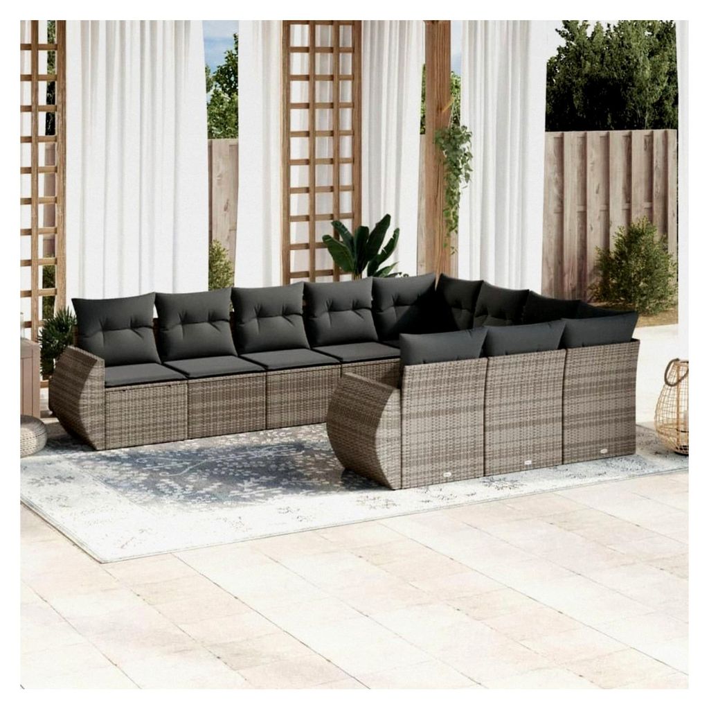 10-teiliges Gartensofa-Set mit grauen Kissen aus Polyrattan für den Außenbereich