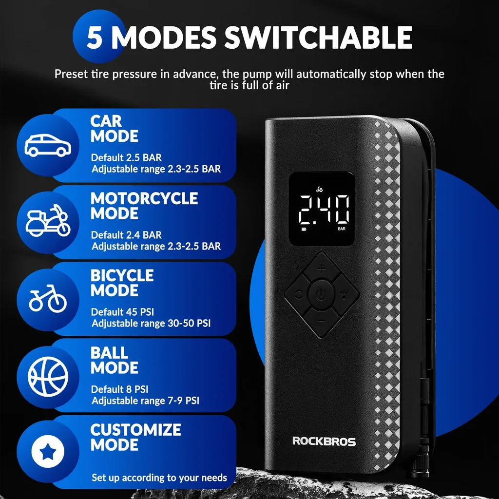 Mini Pompe Électrique 150 PSI 2000mAh avec Éclairage LED de Secours