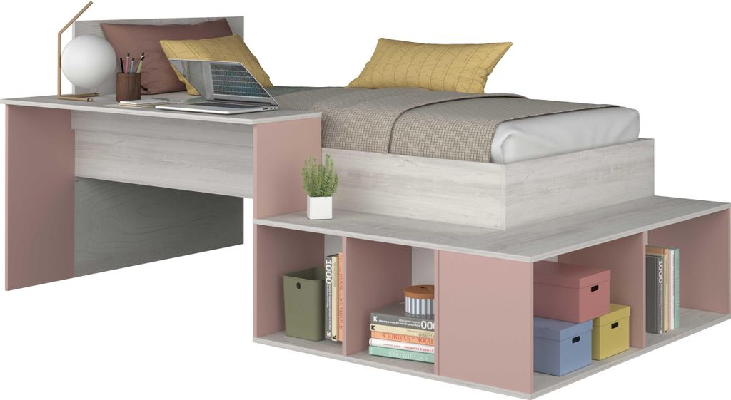 Bett Quinn 90x200 cm mit Schreibtisch und Stauraum - Kiefer/altrosa