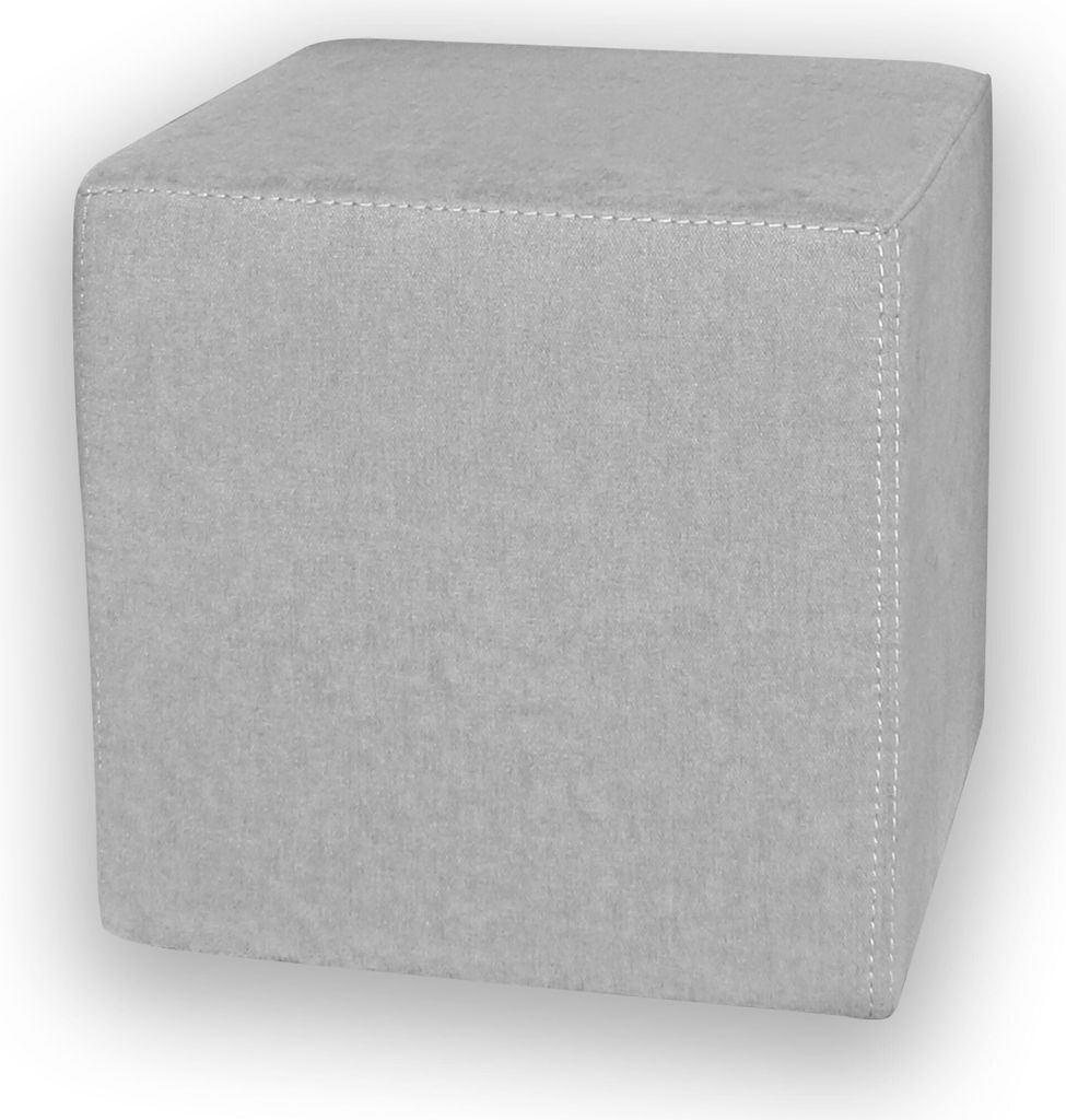 A light gray cube-shaped ottoman with visible stitching on the edges, set against a white background with a subtle shadow.