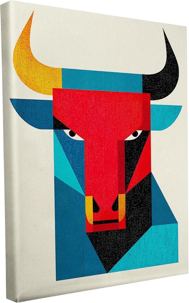 Keilrahmen bedruckt - Torro - Stier - blau rot gelb - 20x30 cm - Wandbild auf Künstler Leinwand – matter hochwertiger Kunstdruck - 2cm Holzrahmen