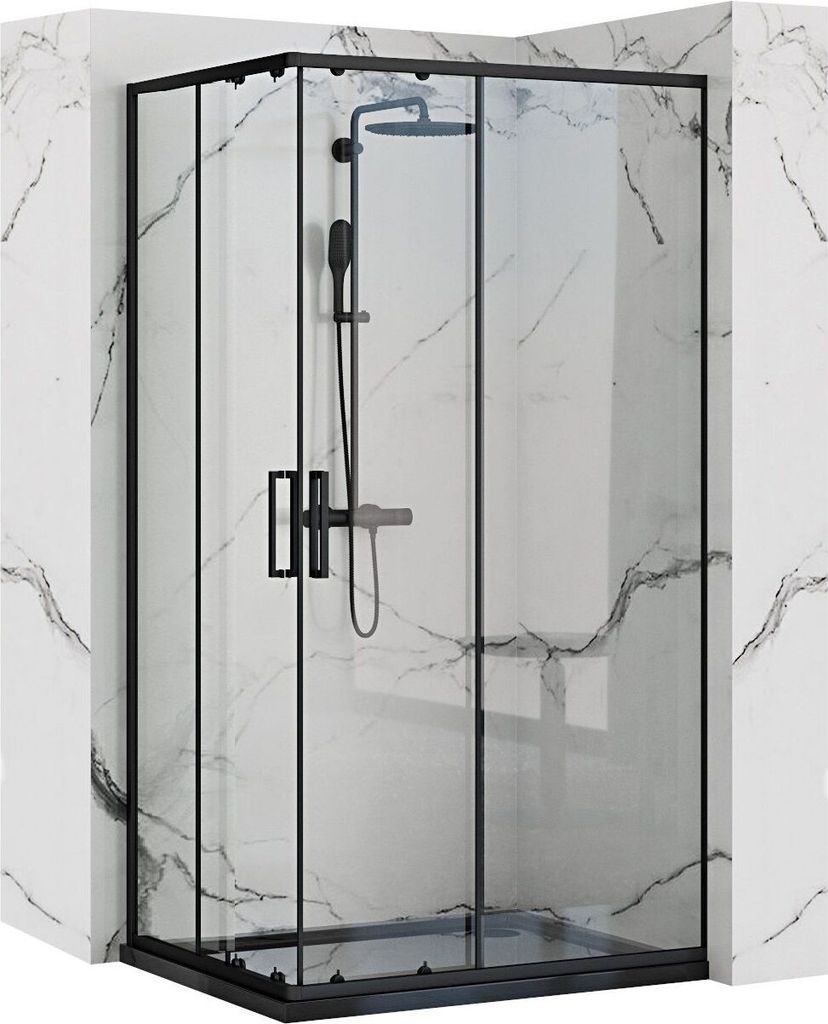 A modern black framed shower cabin with a marble-effect wall background.