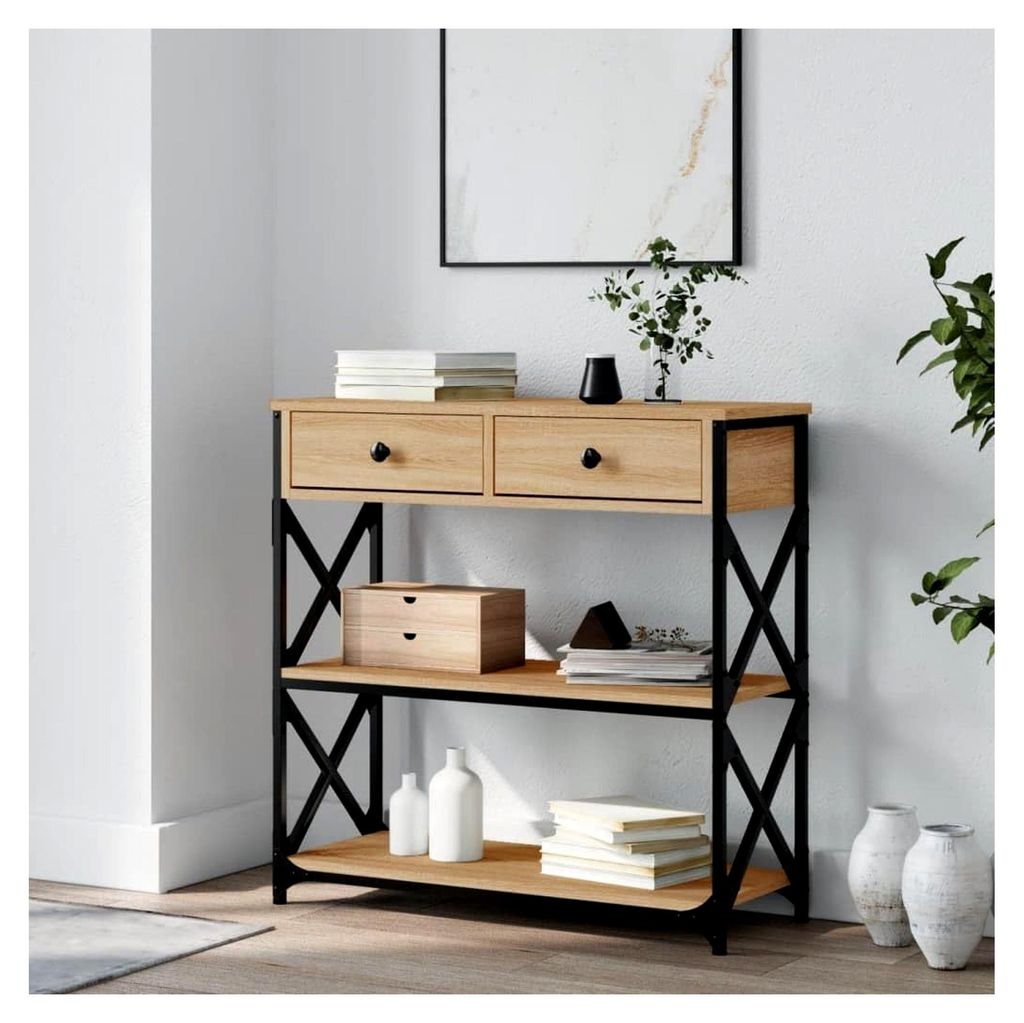 Konsolentisch mit Schublade 75x28x75 cm, Sideboard aus Holzwerkstoff und Metall in Sonoma-Eiche