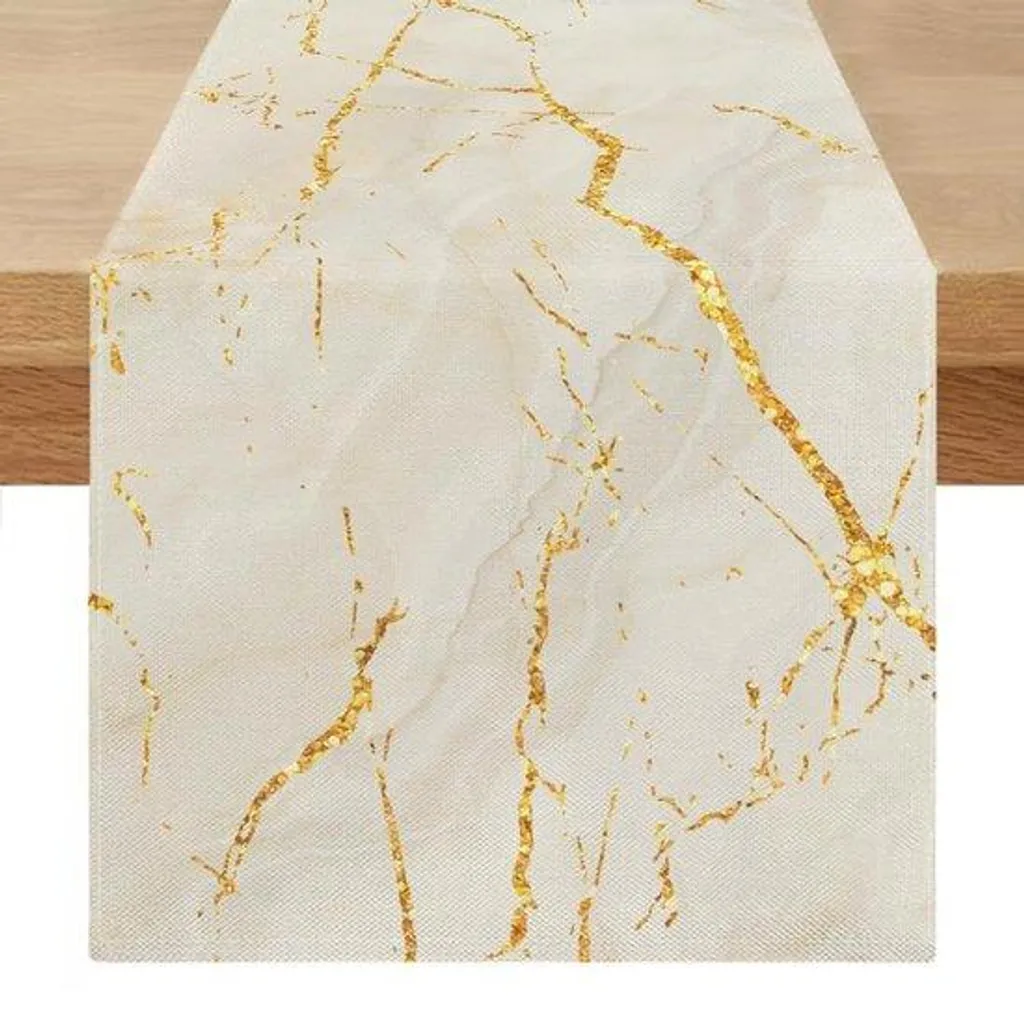 Chemin de table Été Soleil blanc et doré en lin marbré 40 x 200 cm