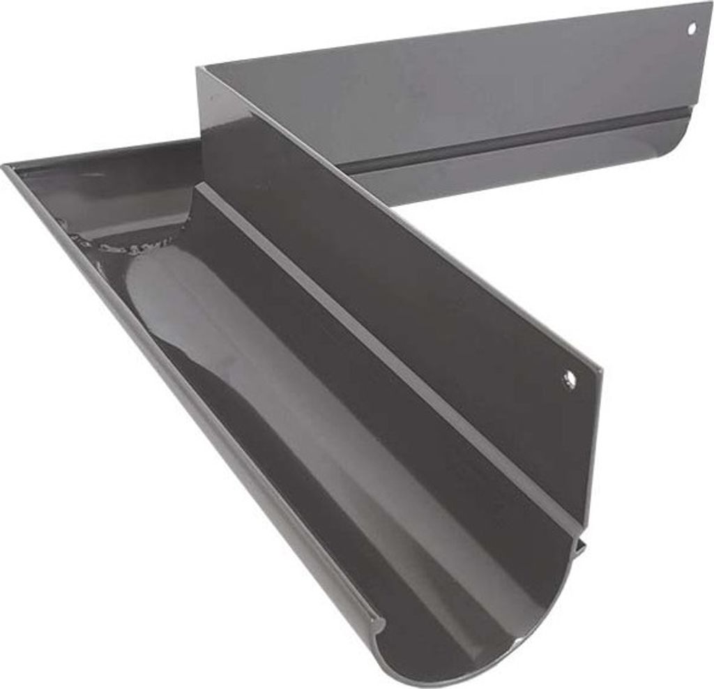 Two grey gutter corner pieces are shown against a white background.