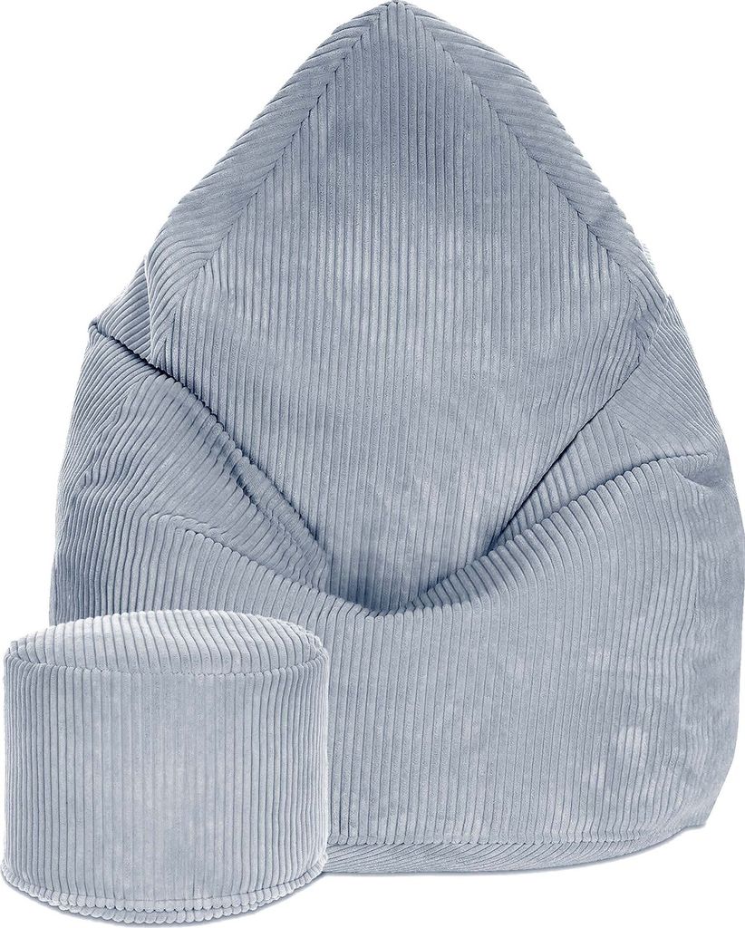 A light gray corduroy bean bag chair and matching ottoman are shown against a white background.
