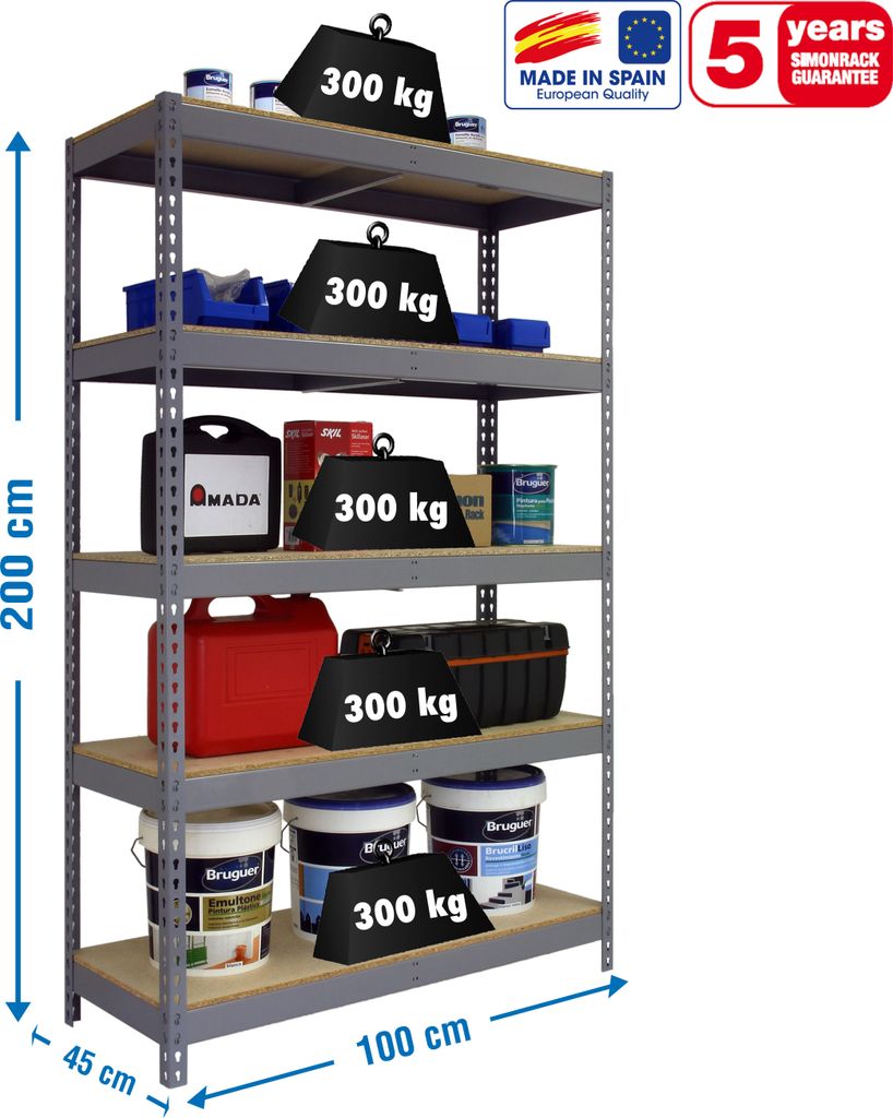 Schwerlastregal WOOD YETI LIGHT FIVE | HxBxT 200x100x45cm | Fachlast 300kg | Grau