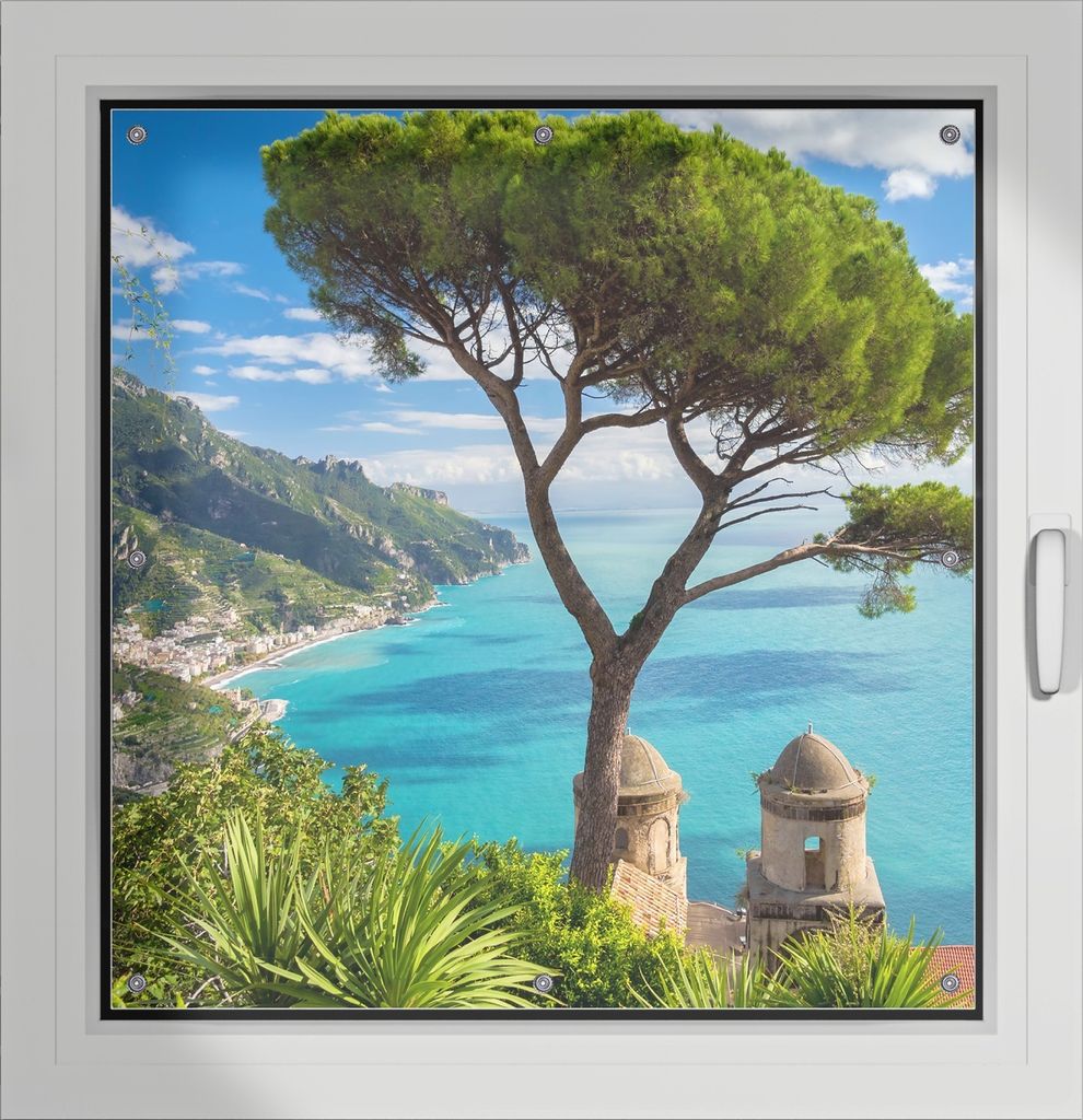 Wallario Lichtschutzbild, Dekorativer Sichtschutz Sonnenschutz 96 x 93 cm mit Motiv: Italienische Küste - Verdunklung ohne Bohren