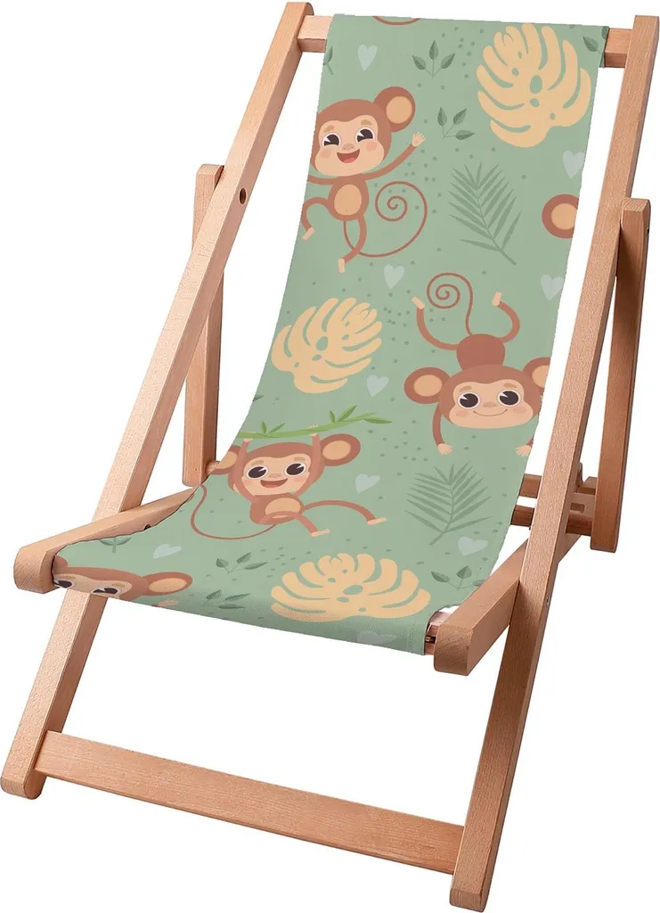 Sdraio per bambini Dreamroots pieghevole in legno fino a 130 kg, sdraio pieghevole con regolazione dell'inclinazione dello schienale in 3 fasi, Monkey on Jungle
