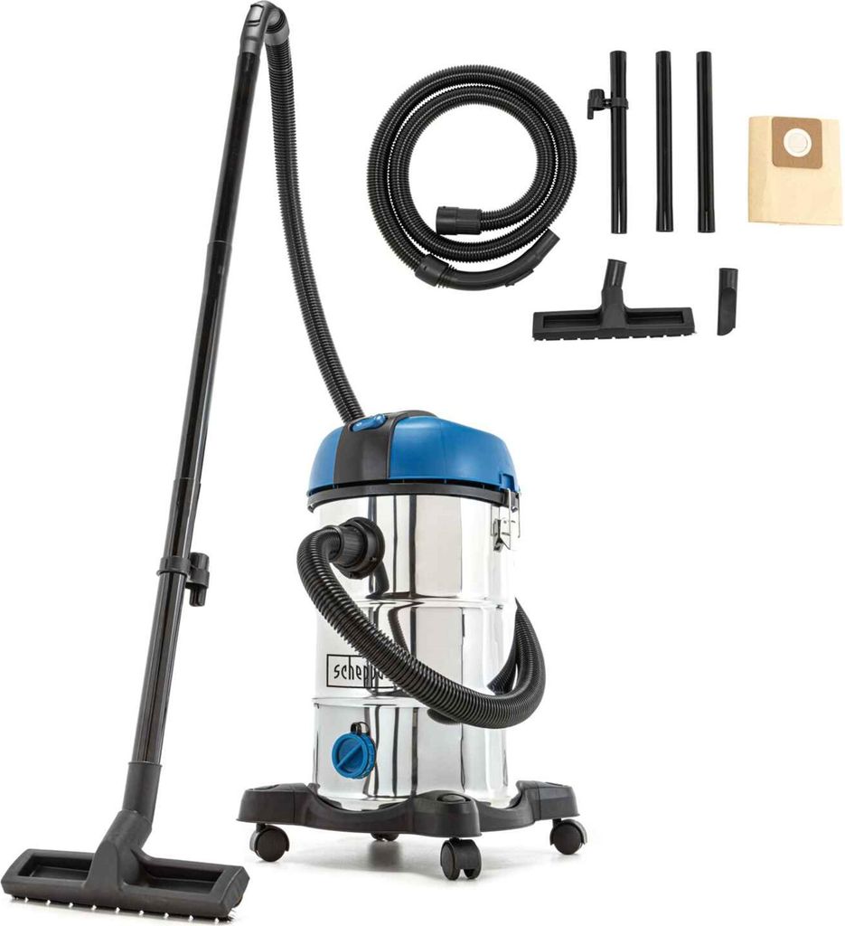 A wet and dry vacuum cleaner with accessories, displayed on a white background.