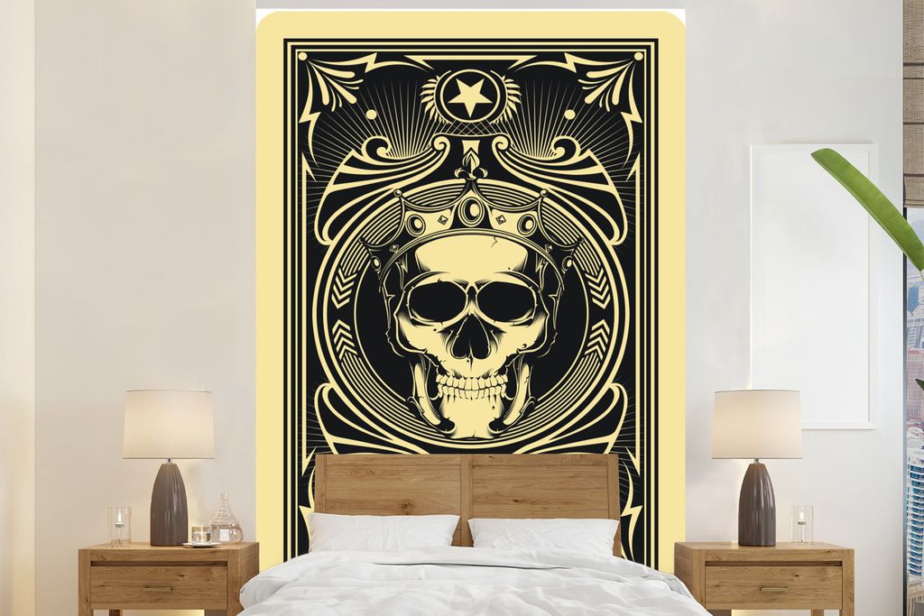 MuchoWow Fototapete für Wohnzimmer oder Schlafzimmer Wandtapete Vinyl Motivtapete Illustration einer Spielkarte mit einem Totenkopf - 180x280 cm...