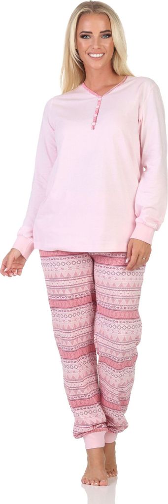 Normann Damen Schlafanzug lang Pyjama mit Bündchen im Ethnolook - auch in Übergrößen ; rosa , 36