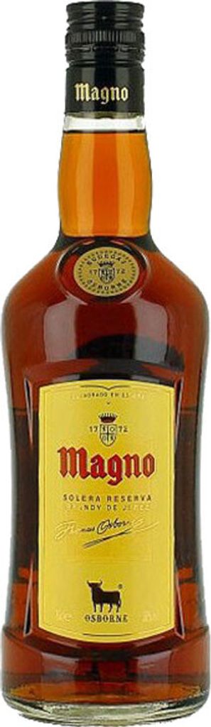 A bottle of Osborne Magno Solera Reserva Brandy de Jerez.
