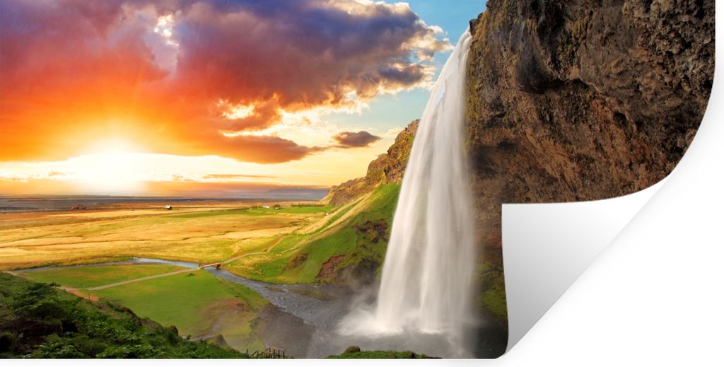 MuchoWow Wandtattoo Wandsticker Wandaufkleber Wasserfall - Felsen - Sonnenuntergang - Berge - Orange 160x80 cm Selbstklebend und Repositionierbar...