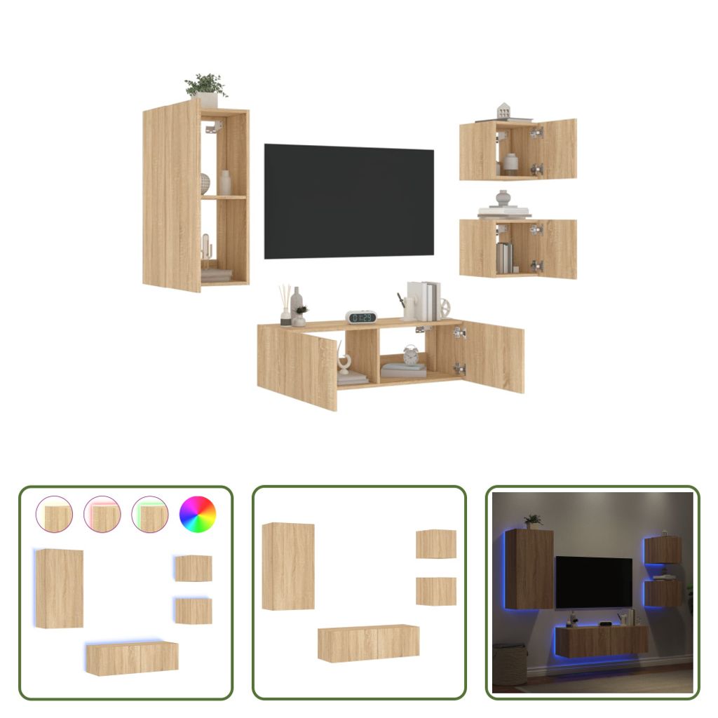 The Living Store 4-tlg. TV-Wohnwand mit LED-Leuchten Sonoma-Eiche