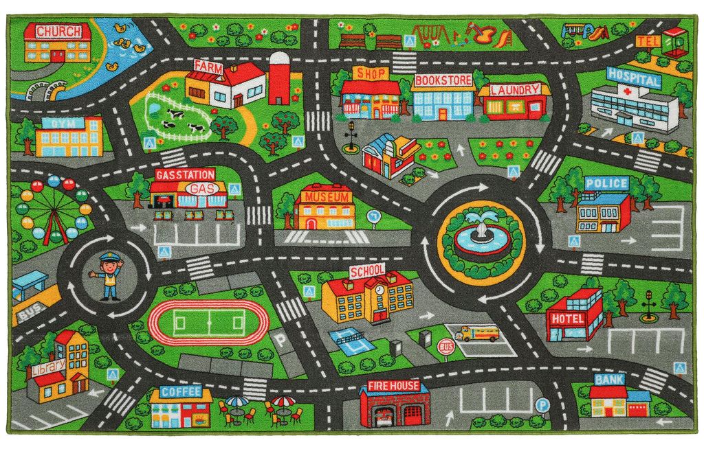 Krabbelmatte Baby, Spielmatte 160x100x0,5cm, Krabbeldecke mit Rutschfester Unterseite Stadtmotiv für Kinderzimmer