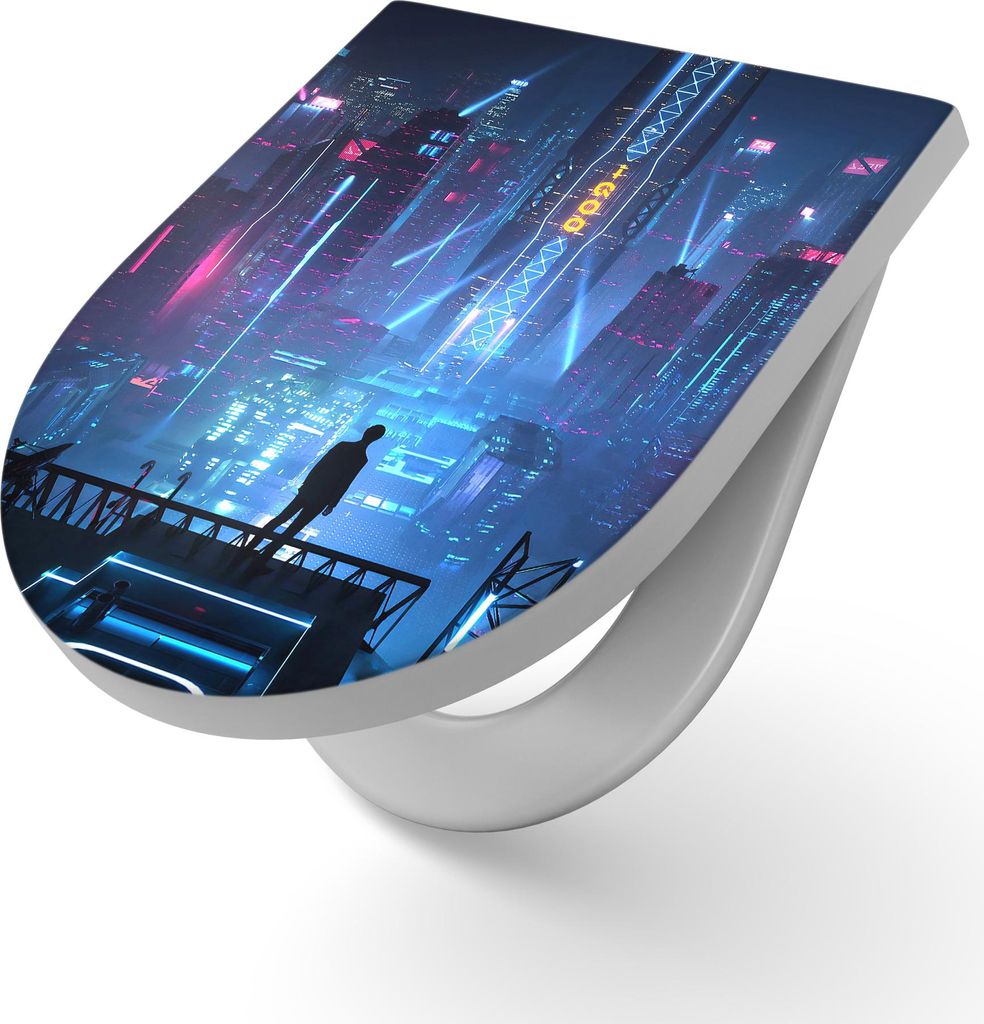 DEQORI WC-Sitz Duroplast 36,4x45,4 cm 'Cyberpunk Stadt bei Nacht' Toilettensitz WC-Brille