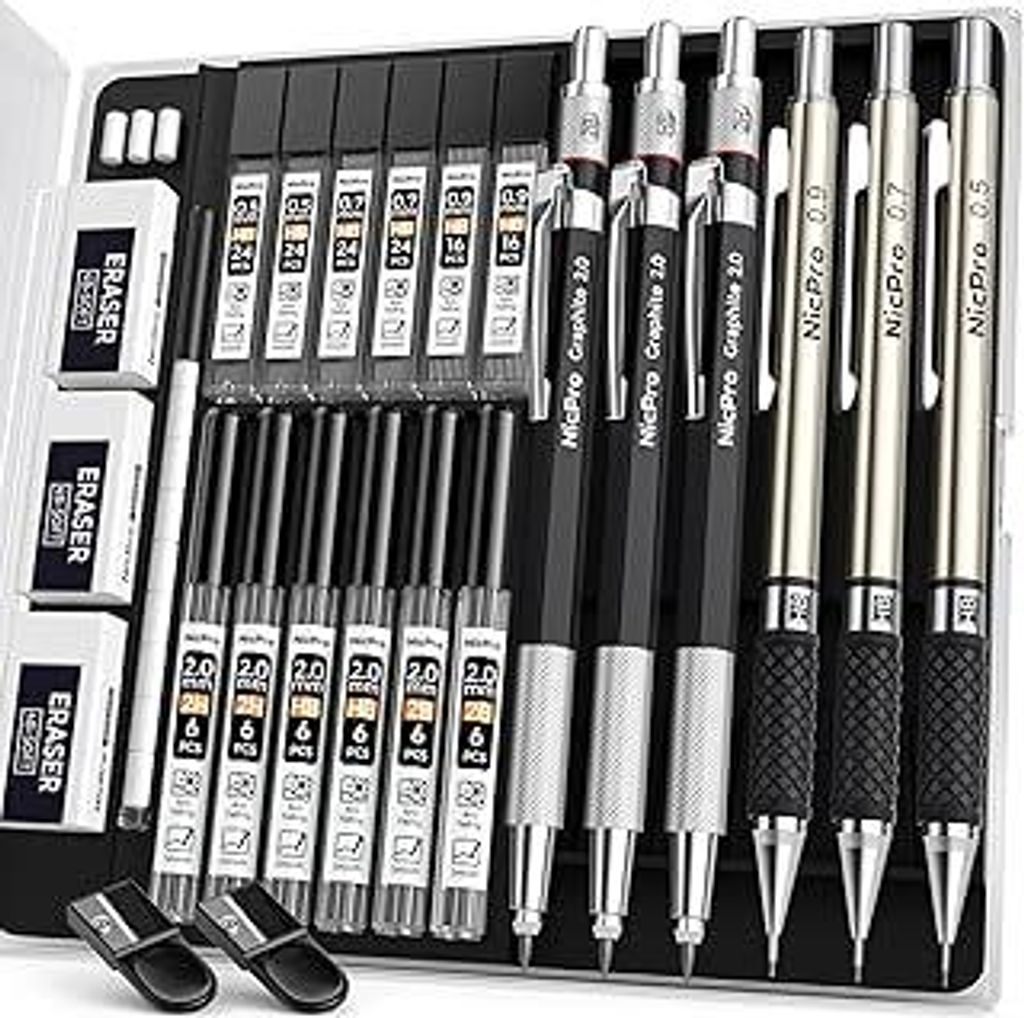 Nicpro 6 Stück Druckbleistifte Set, Metall Mechanische Bleistifte 0,5 mm, 0,7 mm, 0,9 mm, 2mm Fallminenstift (2B HB 2H) mit 12 Dosen HB Bleistiftm...