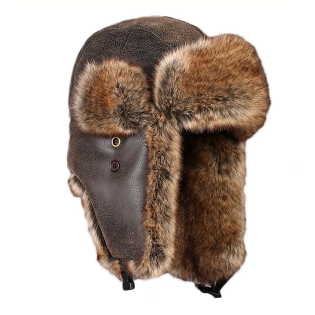 Uni Wintermütze Fliegermütze Trappermütze mit Kunstleder Fellmütze Herren Russenmütze Braun 58cm