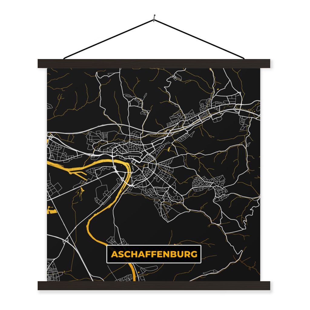 MuchoWow Textilposter Gold - Deutschland - Karte - Stadtplan - Aschaffenburg 40x40 cm mit schwarzem Rahmen - Fotos