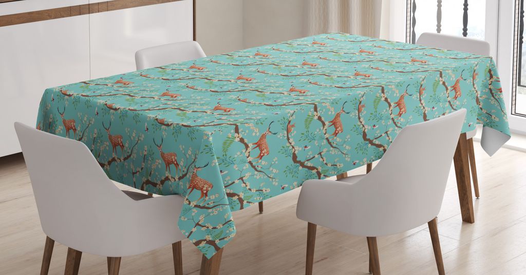 ABAKUHAUS Wald Tischdecke, Vogel Sika Deer japanische Kunst, Personalisierter Druck Klare Farben ohne Verblassen Waschbar für Außen Bereich, 140 ...