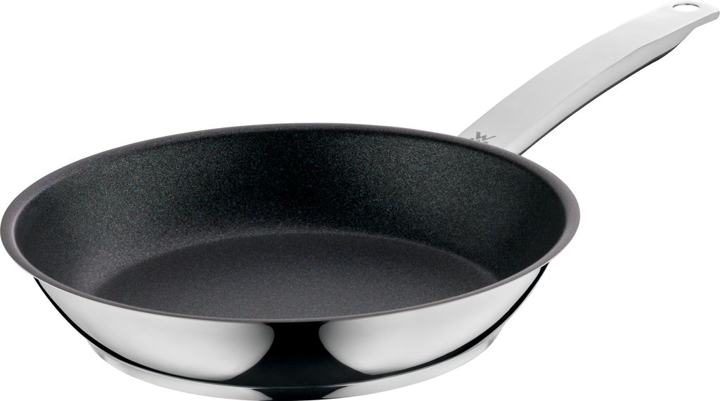 A stainless steel frying pan with a black non-stick interior and a silver handle, shown against a white background.