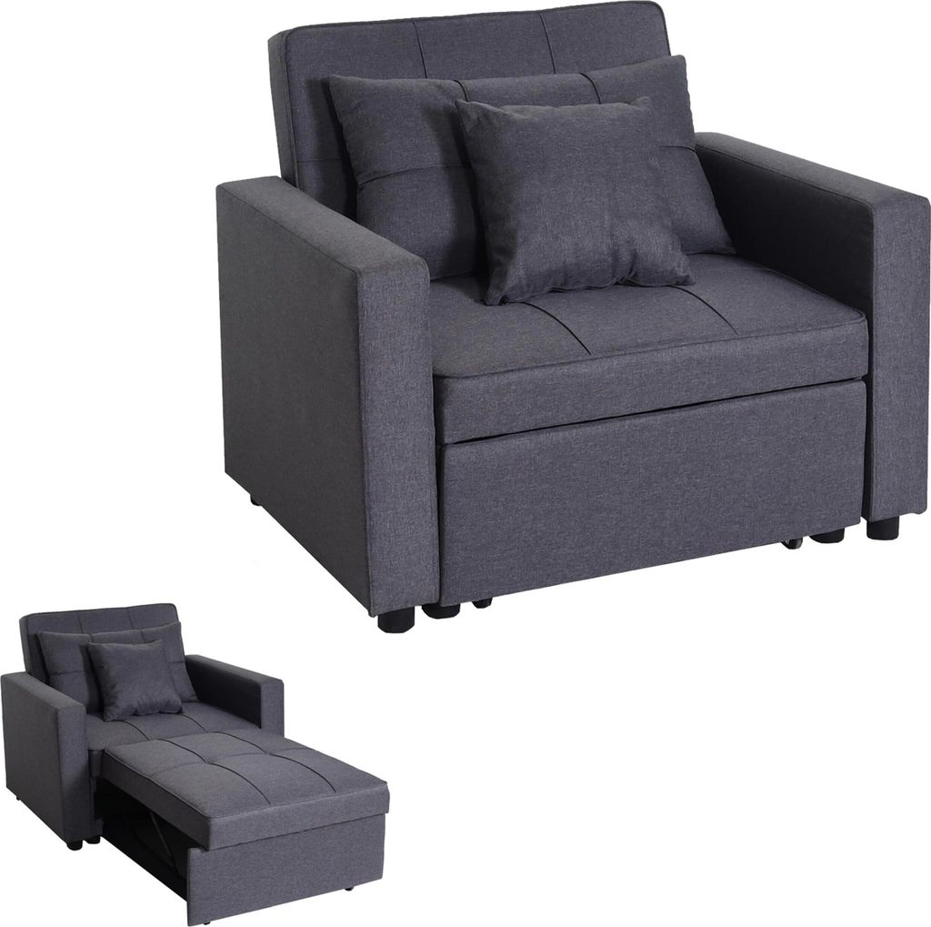 A dark gray sofa bed is shown in two configurations: as a chair and as a partially extended bed.