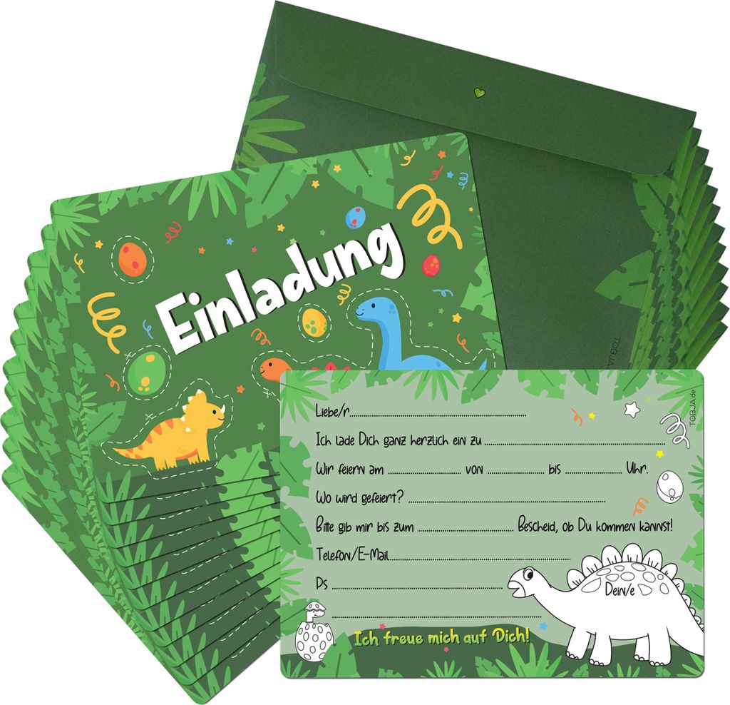 12 Einladungskarten inkl. Umschläge "Dino Party"