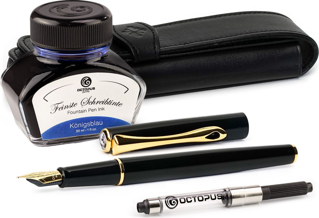 Füllhalterset Diplomat Traveller Lack Schwarz Gold mit Lederetui, Schreibtinte und Tintenkonverter, Stärke M